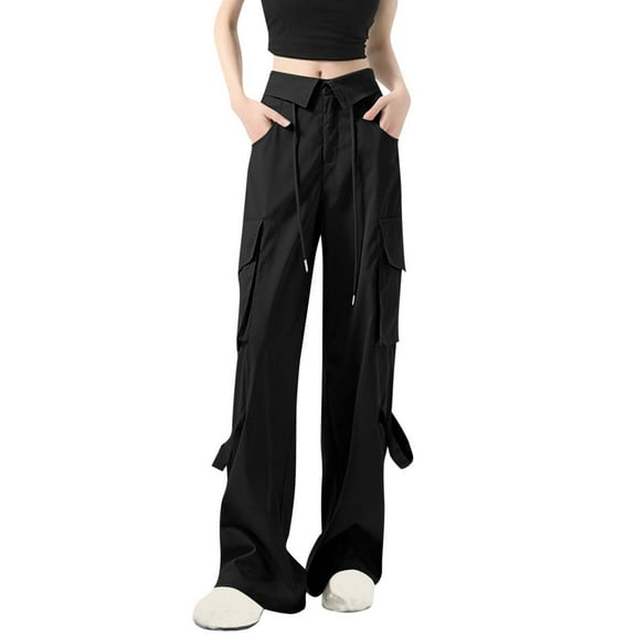 REALiKUN Women Baggy Work Pants High Waisted Cargo Pants Casual Loose Full Length Hiking Pants Solid Loose Wide Leg Trousers