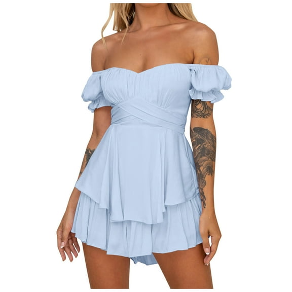 REALiKUN Women Boho Romper Off Shoulder Ruffle Chiffon Shorts Jumpsuit Playsuits