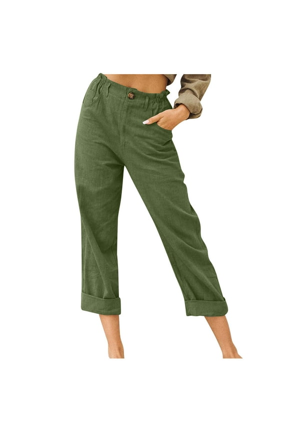 Women Capri Pants Summer Trendy Linen Cropped Trouser with Pockets Beach Casual Cruise Fashion Capris Clothes