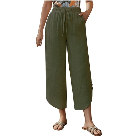 REALiKUN Women Casual Pants Loose High Waist Wide Leg Cropped Palazzo Beach Pants Summer Outfits Trendy