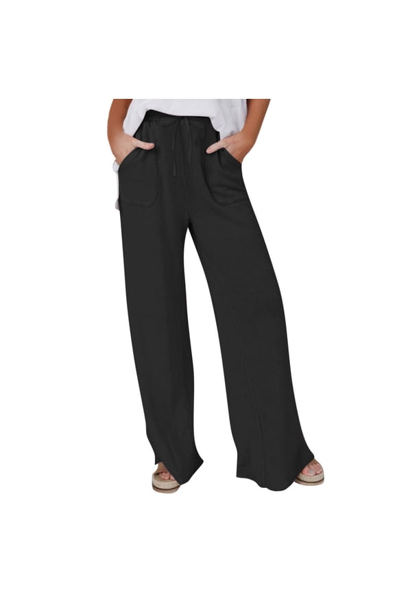 Women Casual Wide Leg Pant Elastic Waist Wide Leg Linen Pant Loose Long Palazzo Trousers with Pockets