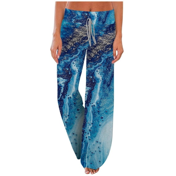 REALiKUN Women Comfy Bohemian Yoga Pants Floral Printed Cotton Linen Wide Leg Drawstring Elastic Waist Capris Crop Pants Blue L
