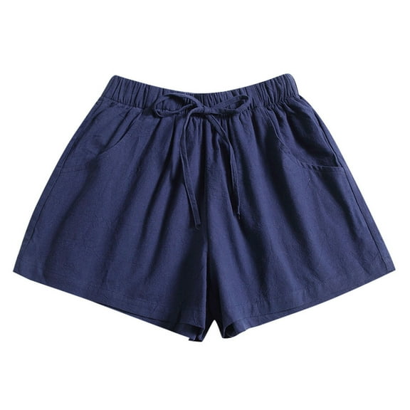REALiKUN Women Comfy Drawstring Casual Elastic Waist Pocketed Shorts Dark Blue L