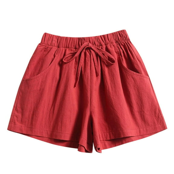 REALiKUN Women Comfy Drawstring Casual Elastic Waist Pocketed Shorts Red XL