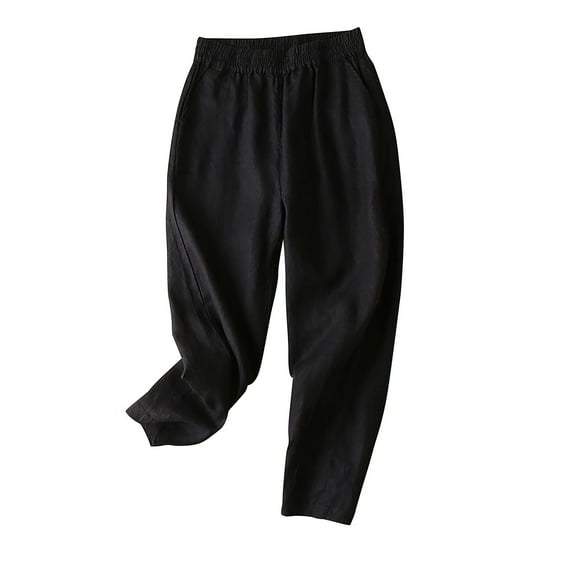 REALiKUN Women Cotton Linen Capri Pants Wide Leg Casual Pants Summer Boho Beach Pants Drawstring Elastic Waist Pants Pockets