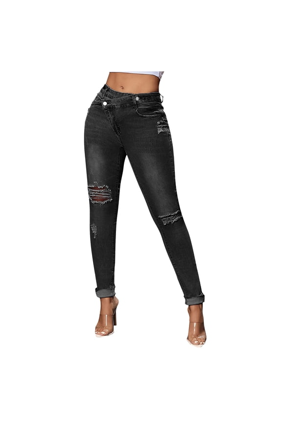 Women Cuffed Ripped Jeans Distressed Ripped Skinny Stretchy Denim Pant