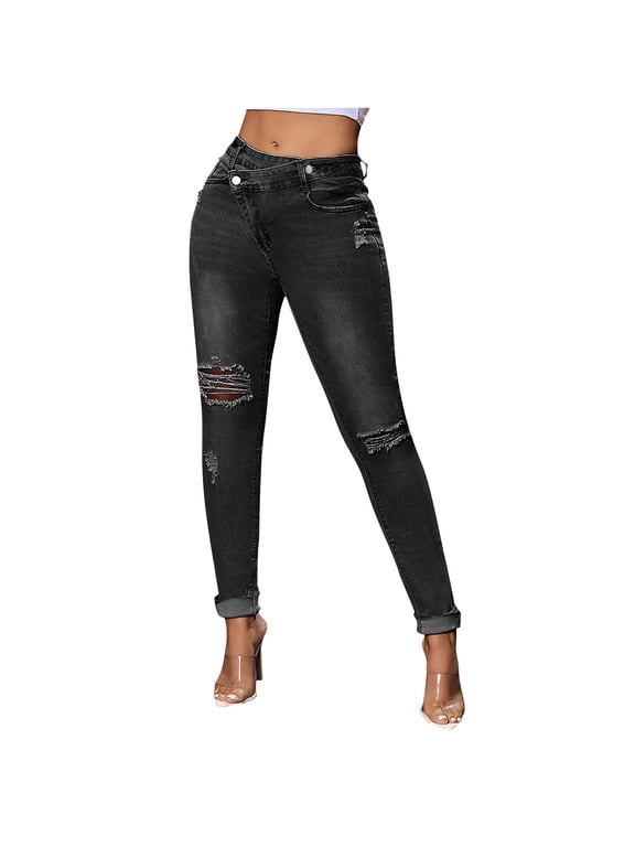 Women Cuffed Ripped Jeans Distressed Ripped Skinny Stretchy Denim Pant