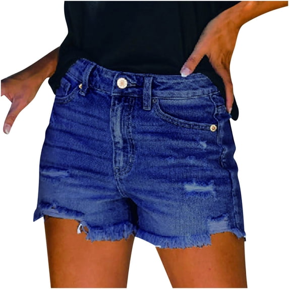 REALiKUN Women Denim Shorts Casual Summer Mid Waist Stretchy Jean Shorts Trendy Ripped Frayed Distressed Shorts