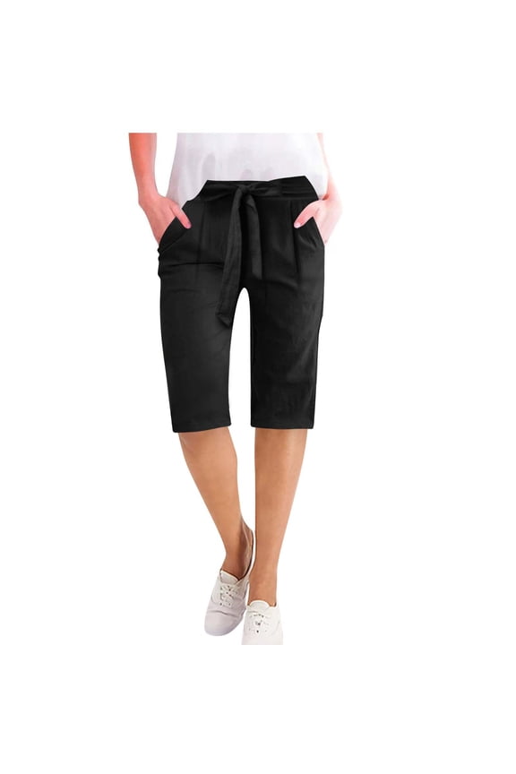 Women Half Cotton Linen Pants with Pockets Elastic Waist Bermuda Short Pant Summer Beach Straight Knee Length Pant