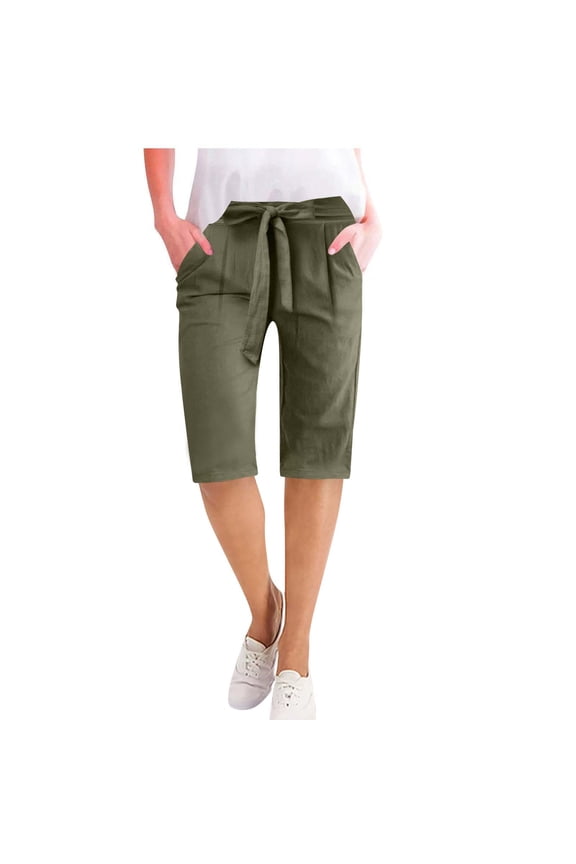 Women Half Cotton Linen Pants with Pockets Elastic Waist Bermuda Short Pant Summer Beach Straight Knee Length Pant