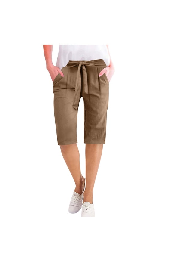 Women Half Cotton Linen Pants with Pockets Elastic Waist Bermuda Short Pant Summer Beach Straight Knee Length Pant