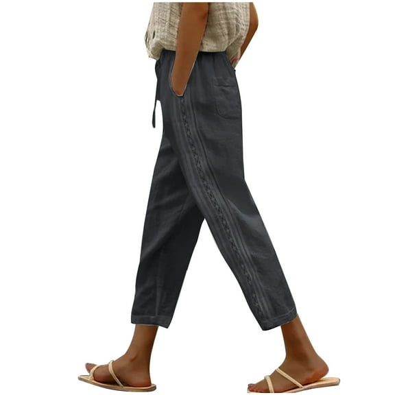 REALiKUN Women Linen Capri Pants Summer Boho with Pockets Wide Leg Pants Casual Summer Cropped Pants