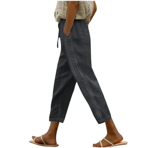 REALiKUN Women Linen Capri Pants Summer Boho with Pockets Wide Leg Pants Casual Summer Cropped Pants