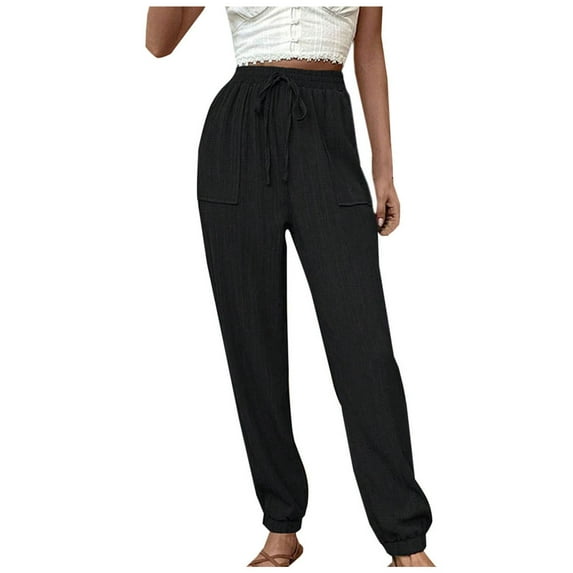 REALiKUN Women Linen Pants Straight Leg Casual Work Pants Drawstring High Waisted Cotton Beach Pants Summer Lounge Trousers