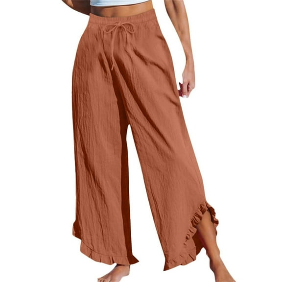 REALiKUN Women Linen Pants Summer Wide Leg Beach Lightweight High Waist Ruffle Flowy Palazzo Pant Boho Casual Trousers