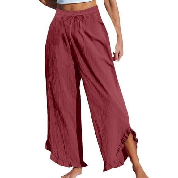 REALiKUN Women Linen Pants Summer Wide Leg Beach Lightweight High Waist Ruffle Flowy Palazzo Pant Boho Casual Trousers