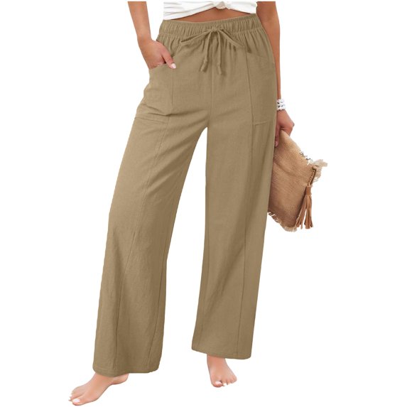 REALiKUN Women Linen Pants Wide Leg Casual Palazzo Pants Cotton Linen Lounge Beach Summer Pants with Pockets