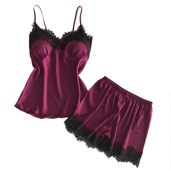 REALiKUN Women Pajama Set Lace Trim Short PJ Set Modal Sleeveless Sleepwear Drawstring Waist Nightwear Red XL