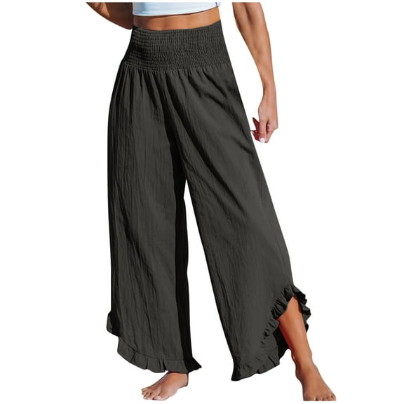 REALiKUN Women Pants Smocked Waist Straight Leg Ruffle Cuffs Loose Fit Pant Casual Beach Palazzo Pants
