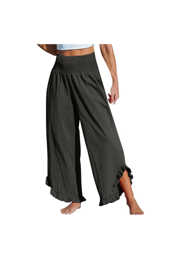 Women Pants Smocked Waist Straight Leg Ruffle Cuffs Loose Fit Pant Casual Beach Palazzo Pants