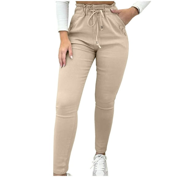 REALiKUN Women Paper Bag Pants High Waist Slim Fit Drawstring Tights Winter Fleece Lined Casual Office Leggings with Pockets