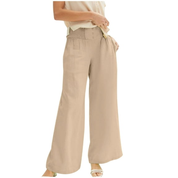 REALiKUN Women Pull On Pants Elastic Waisted Casual Wide Leg Long Lounge Trousers with Pocket Beach Wear