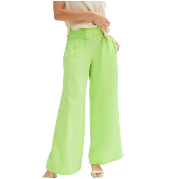 REALiKUN Women Pull On Pants Elastic Waisted Casual Wide Leg Long Lounge Trousers with Pocket Beach Wear