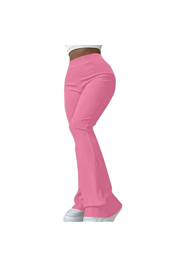 Women Ribbed Knitted Flare Pants High Waist Stretch Bootcut Bell Bottom Pant Slim Fit Cozy Trousers