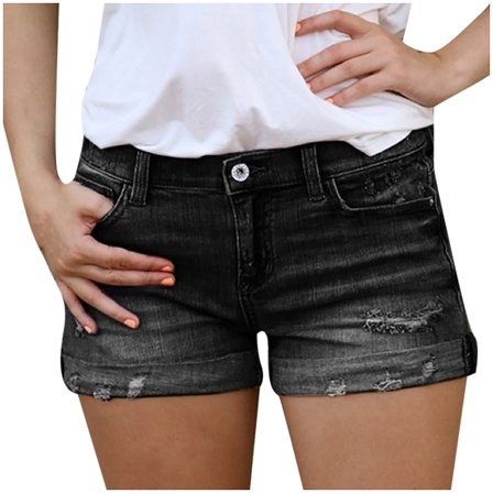 REALiKUN Women Ripped Denim Jean Shorts High Waisted Casual Summer Folded Hem Short Jeans with Pockets Black M