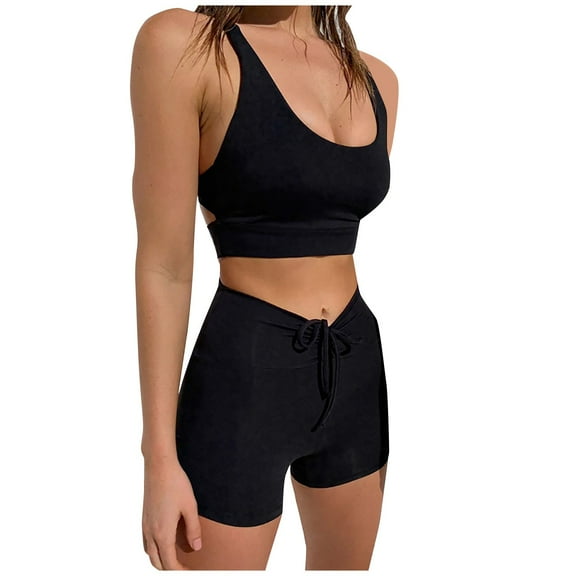 REALiKUN Women Seamless Yoga Outfits 2 Piece Workout Short Sleeve Crop Top with High Waisted Running Shorts Sets Black L