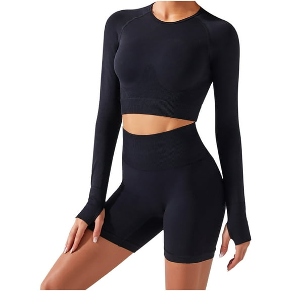 REALiKUN Women Seamless Yoga Outfits 2 Piece Workout Short Sleeve Crop Top with High Waisted Running Shorts Sets Black M