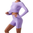 thumbnail image 1 of REALiKUN Women Seamless Yoga Outfits 2 Piece Workout Short Sleeve Crop Top with High Waisted Running Shorts Sets Purple M, 1 of 8