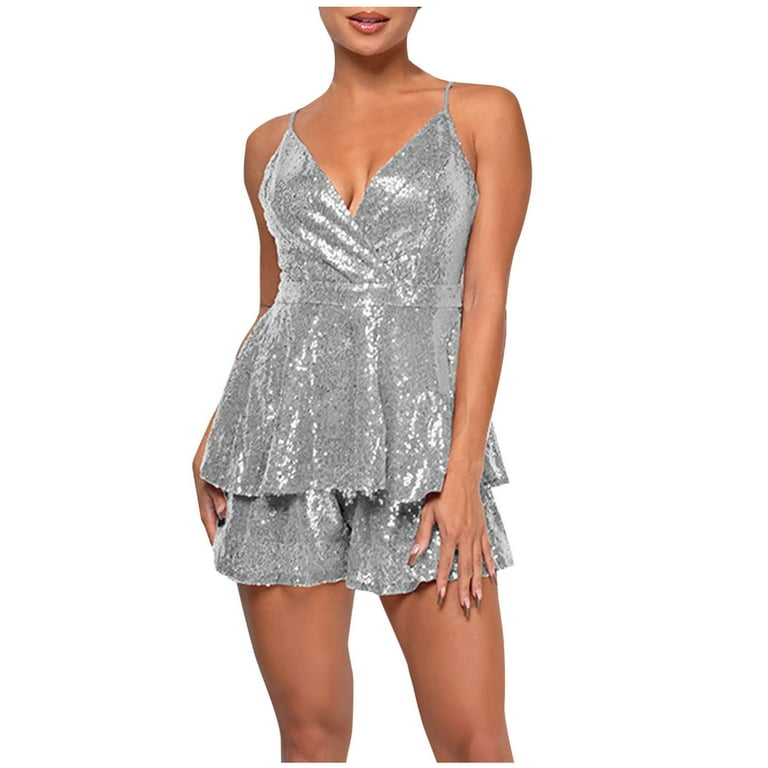 REALiKUN Women Sexy Sequin Romper Dress Sparkly Glitter Spaghetti Strap  Layered Ruffle Short Jumpsuits for Club Party - Walmart.com
