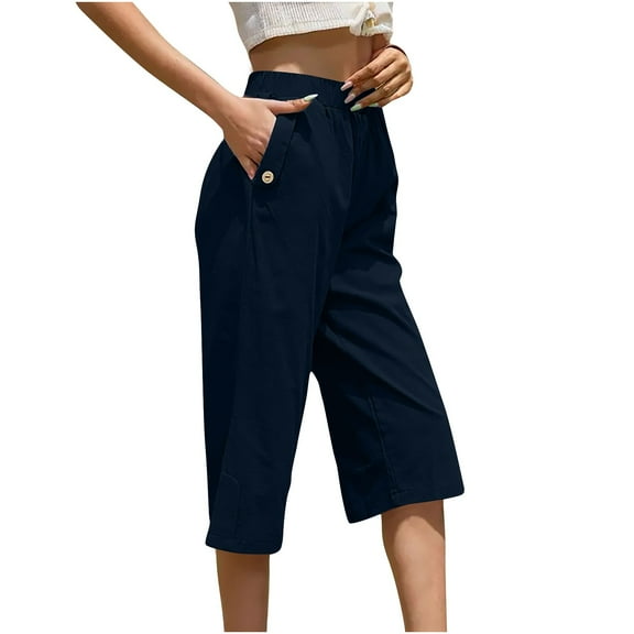 REALiKUN Women Summer Capri Pants Casual Wide Leg Elastic Waist Lightweight Cropped Loose Pants