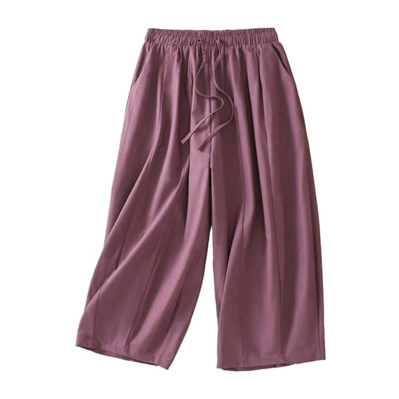 REALiKUN Women Summer Cotton Linen Capri Pants Solid Color Lounge Pants Elastic Waist Drawstring Trousers with Pockets