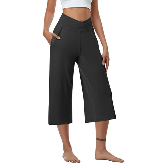 REALiKUN Capri Pants for Women V Crossover High Waisted Summer Pants Straight Leg Comfy Capri Sweatpants