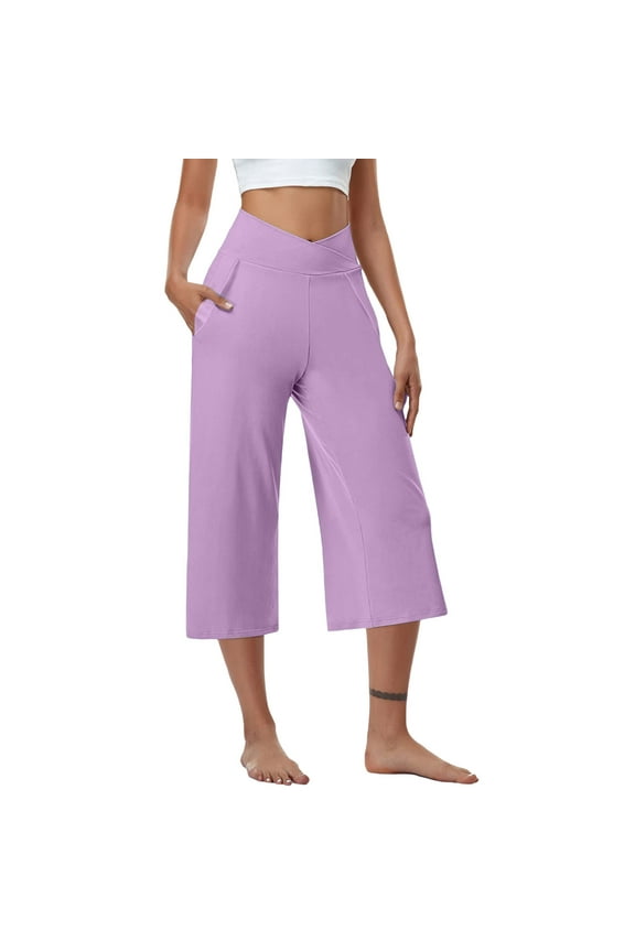 Capri Pants for Women V Crossover High Waisted Summer Pants Straight Leg Comfy Capri Sweatpants