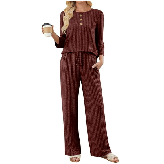 REALiKUN Women's 2 Piece Lounge Sets - Matching Cozy Knit Pajamas, Oversized Loungewear Fall Winter Clothes for Relaxation & Sleep