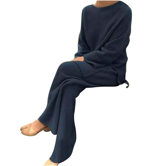 REALiKUN Women's 2 Piece Outfits Long Sleeve Knit Sweater Top Wide Leg Pants Lounge Sets Tracksuits Blue 3XL