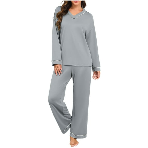 REALiKUN Women's 2-Piece Pajama Set, V-Neck Long Sleeve Top & Comfy Pants, Soft Sleepwear Loungewear