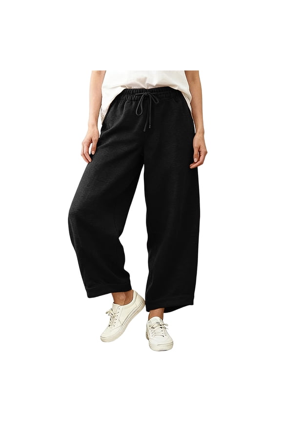Women's Barrel Leg Sweatpant Drawstring Elastic Waisted Wide Leg Pants Casual Cotton Palazzo Trousers with Pockets