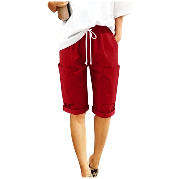 REALiKUN Women's Bermuda Shorts, Drawstring Elastic Waist Knee-Length Shorts with Pockets for Beach & Summer Casual