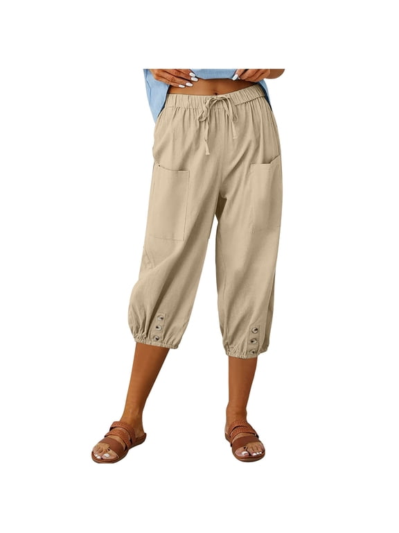 Women's Capri Pants High Waist Drawstring Cinch Bottom with Button Cotton Loose Casual Trouser with Pockets