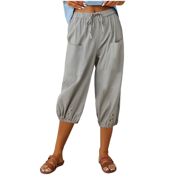 REALiKUN Women's Capri Pants High Waist Drawstring Cinch Bottom with Button Cotton Loose Casual Trouser with Pockets