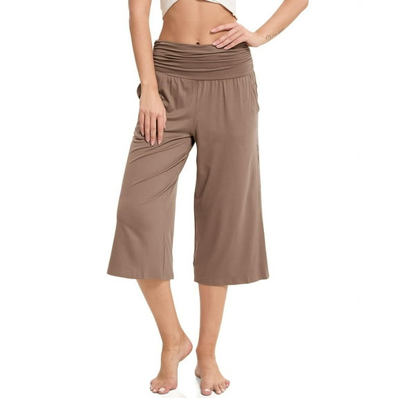 REALiKUN Women's Capri Pants Solid Color Fold Over Waistband Comfy Soft High Elasticity Pants Perfect for Yoga Home Wear