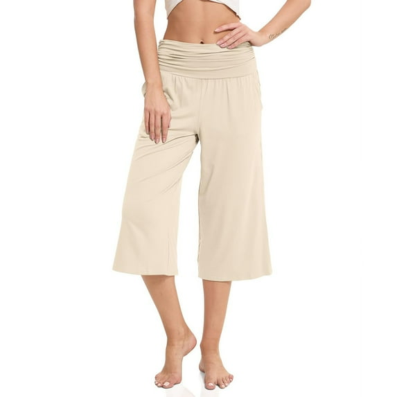 REALiKUN Women's Capri Pants Solid Color Fold Over Waistband Comfy Soft High Elasticity Pants Perfect for Yoga Home Wear