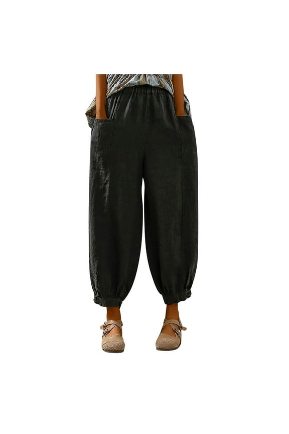 Women's Casual Cotton Linen Baggy Pants with Elastic Waist Relax Fit Lantern Trouser
