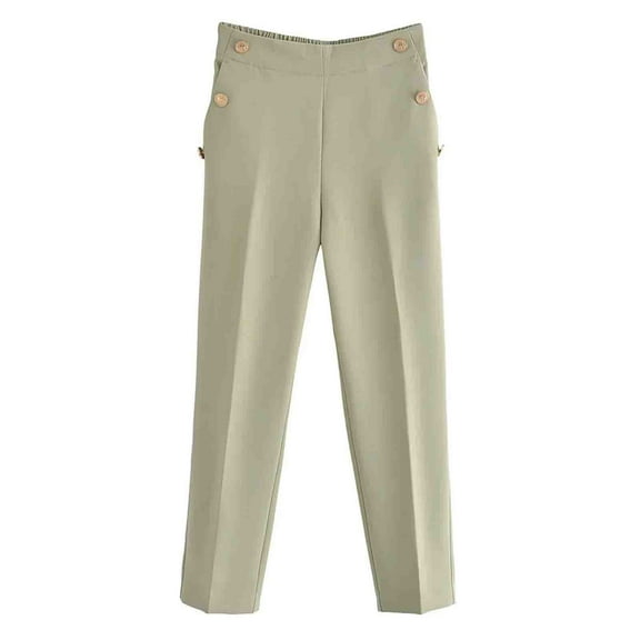 REALiKUN Women's Casual High Waisted Ankle Cropped Pants Elastic Waistband Slant Pockets with Metal Buttons