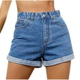 thumbnail image 1 of REALiKUN Women's Casual High Waisted Distressed Shorts Folded Hem Stretch Jean Denim Shorts Blue L, 1 of 8