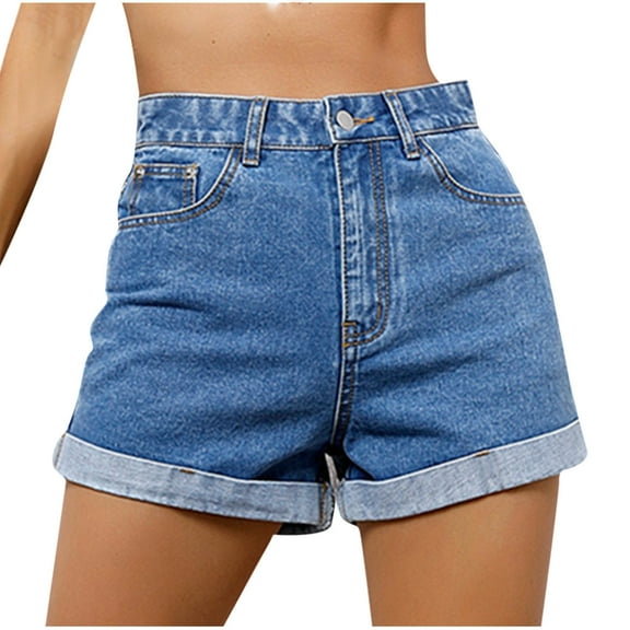 REALiKUN Women's Casual High Waisted Distressed Shorts Folded Hem Stretch Jean Denim Shorts Blue S